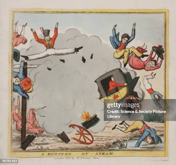 Coloured etching by W Chater showing passengers being hurled through the air by the exploding boiler of a steam coach. At this time steam-driven...
