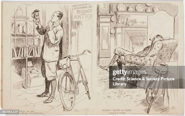 Pair of pen and ink drawings by Frank Patterson, part of a series on cycling themes. In the first illustration, titled �I am Tied to no Local...