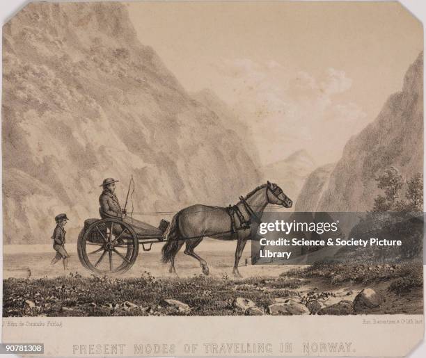 Lithograph printed by E Baerentzen & Co after a drawing by J E de Conincks, showing a man driving along a road in a steep-sided valley in a...