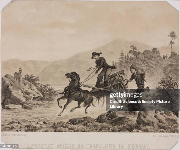 Lithograph printed by E Baerentzen & Co after a drawing by J E de Conincks, showing a man driving along a road in a in a horse-drawn cart, with a...