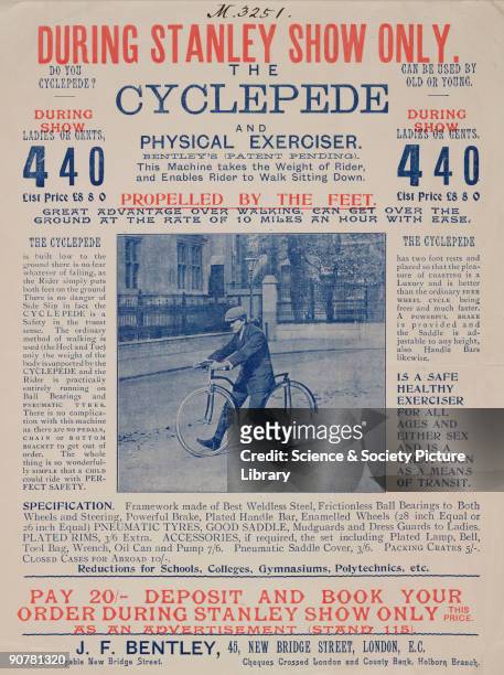 Printed handbill advertising 'The Cyclepede and Physical Exerciser', a form of bicycle propelled by the feet. The Cyclepede was a later version of...
