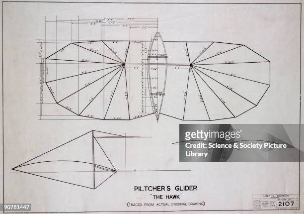 Drawing, traced from the original at the Science Museum in 1956. Percy Pilcher was an English flying pioneer who developed a number of gliders,...