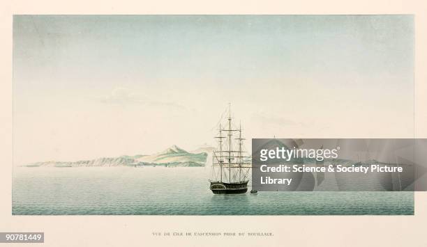 Engraved plate 60 from 'Voyage autour du monde' by Louis Isidore Duperrey. Duperrey�s ship is shown at anchor by the volcanic island of Ascension...