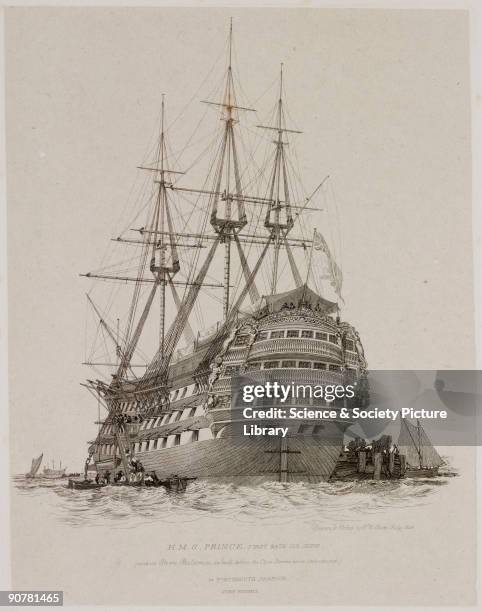 Etching after his own drawing by Edward William Cooke , showing the HMS Prince with110 guns, ?with the Stern Balconies as built before the Close...
