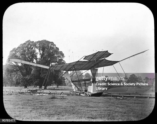 Photograph. Sir Hiram Stevens Maxim designed and built this flying machine in 1893-1894. He had previously found fame by inventing the machine gun....