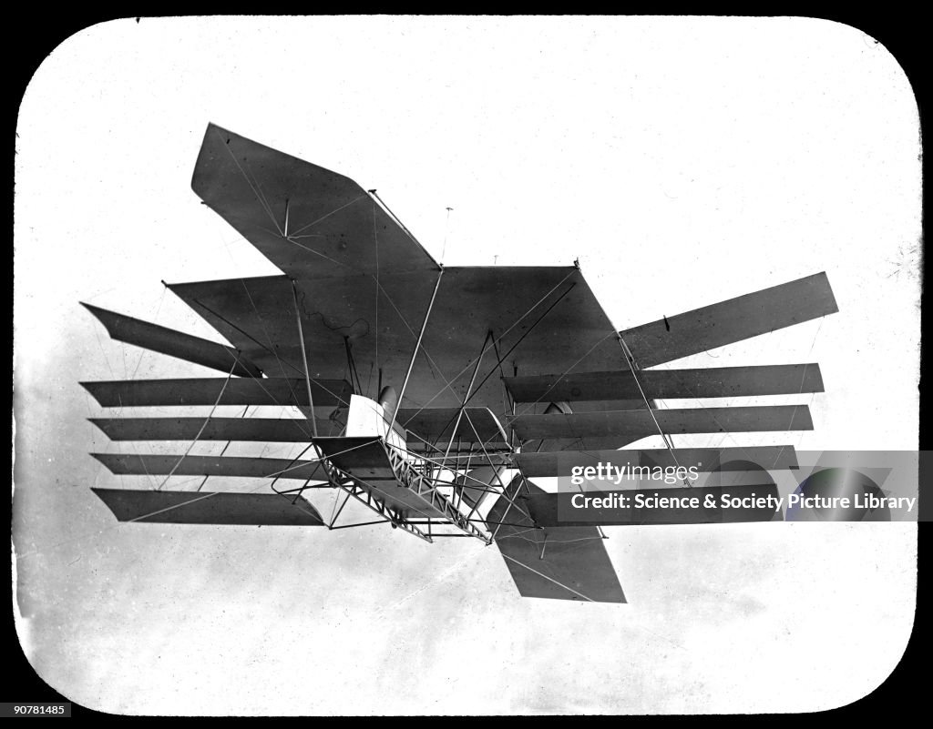 An impression of a Maxim multiplaned flying machine in flight, 1890s.