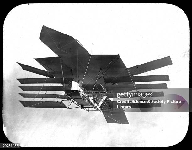 Photograph, probably posed with a model. Sir Hiram Stevens Maxim designed and built a flying machine in 1893-1894. He had previously found fame by...