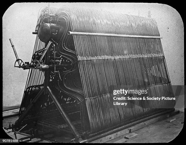 Photograph of a steam boiler which reportedly achieved a pressure of 320 pounds per square inch. Sir Hiram Stevens Maxim designed and built a flying...