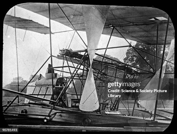 Photograph. Sir Hiram Stevens Maxim designed and built this flying machine in 1893-1894. He had previously found fame by inventing the machine gun....