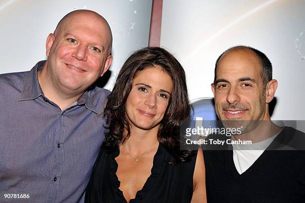 Executive Producers Marc Guggenheim, Jessika Borsiczky and David Goyer pose for a picture at the Disney - ABC Television Group's "Flashforward" red...