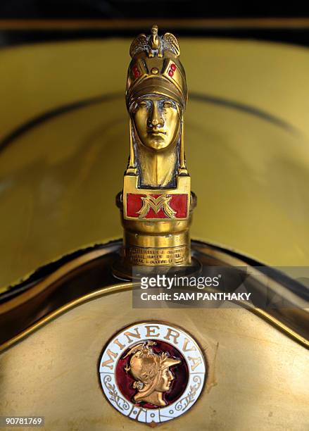 Detail view of the mascot on a Belgium 'Minerva', 1906 model car made in Belgium and once owned by Sheikh Al Sabah of Kuwait at 'Auto World' car...