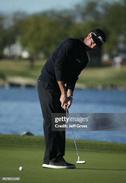 Bubba Watson putts on the 18th hole during the third round of the CareerBuilder Challenge at the TPC Stadium Course at PGA West on January 20, 2018...