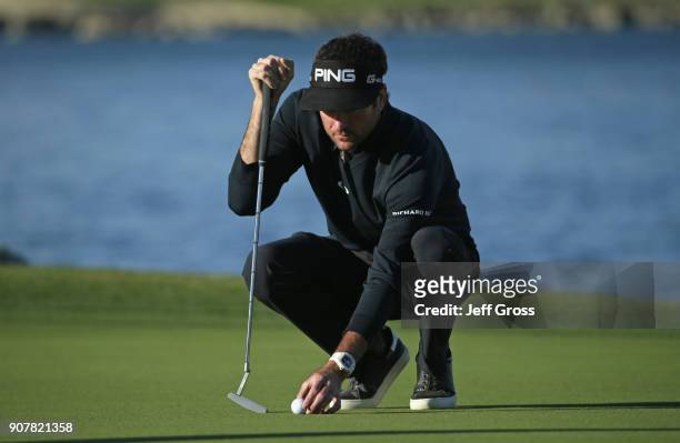 Bubba Watson lines up a putt on the 18th hole during the third round of the CareerBuilder Challenge at the TPC Stadium Course at PGA West on January...