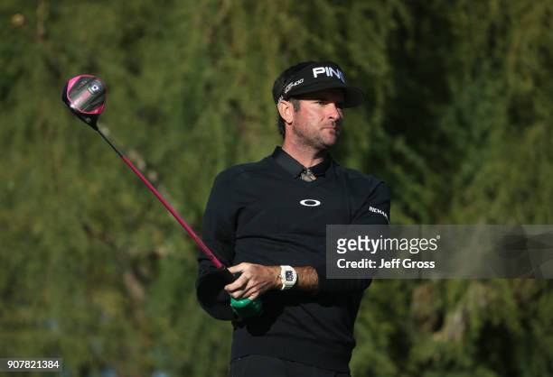 Bubba Watson plays his shot from the 18th tee during the third round of the CareerBuilder Challenge at the TPC Stadium Course at PGA West on January...