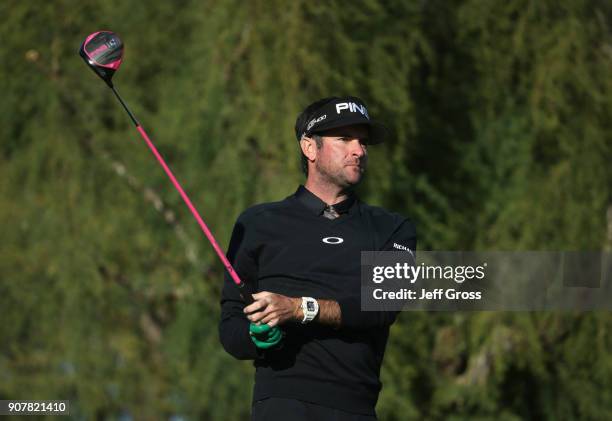 Bubba Watson plays his shot from the 18th tee during the third round of the CareerBuilder Challenge at the TPC Stadium Course at PGA West on January...