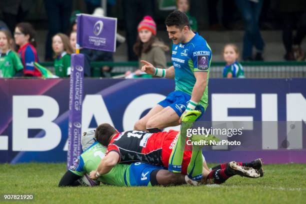 Niyi Adeolokun of Connacht scores a try during the European Rugby Challenge Cup Round 6 between Connacht Rugby and Oyonnax at the Sportsground in...