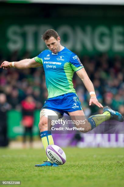 Craig Ronaldson of Connacht kicks a conversion during the European Rugby Challenge Cup Round 6 between Connacht Rugby and Oyonnax at the Sportsground...