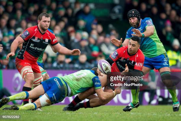 Roimata Hansell-Pune of Oyonnax tackled by Craig Ronaldson of Connacht during the European Rugby Challenge Cup Round 6 between Connacht Rugby and...
