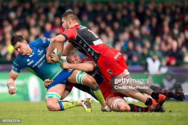 Quinn Roux of Connacht tackled by Thibault Tauleigne of Oyonnax during the European Rugby Challenge Cup Round 6 between Connacht Rugby and Oyonnax at...