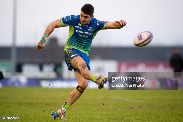 Tiernan O'Halloran of Connacht kicks a conversion during the European Rugby Challenge Cup Round 6 between Connacht Rugby and Oyonnax at the...