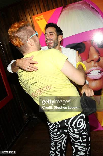 Blogger Perez Hilton and designer Marc Jacobs attend Lady Gaga and the launch of V61 hosted by V Magazine, Marc Jacobs and Belvedere Vodka on...