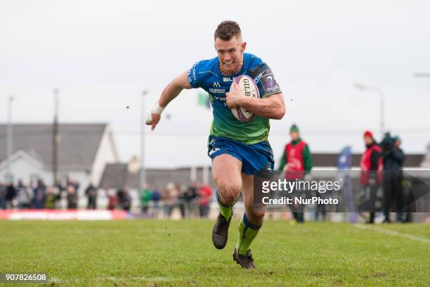 Matt Healy of Connacht scores a try during the European Rugby Challenge Cup Round 6 between Connacht Rugby and Oyonnax at the Sportsground in Galway,...
