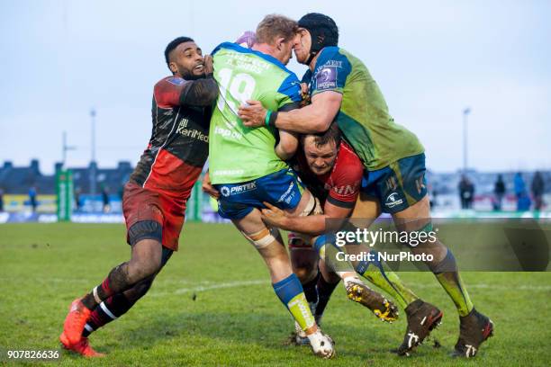 Cillian Gallagher and Ultan Dillane of Connacht pictured in action during the European Rugby Challenge Cup Round 6 between Connacht Rugby and Oyonnax...