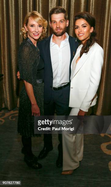 Actors and presenters Anne Heche, Mike Vogel, and Sofia Pernas, arrive at the 3rd Annual Vetty Awards at The Mayflower Hotel on January 20, 2018 in...
