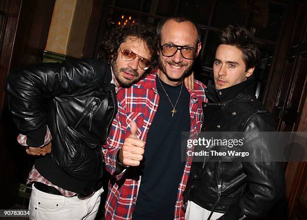 Purple's Olivier Zahm, photographer Terry Richardson and actor Jared Leto attend the AnOther Magazine and Hudson Jeans Dinner at The Jane Hotel on...