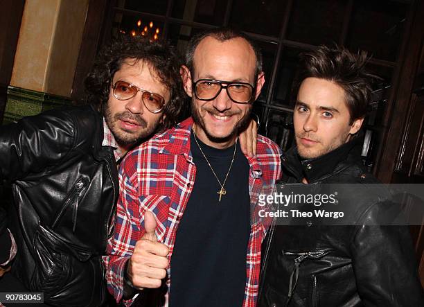 Purple's Olivier Zahm, photographer Terry Richardson and actor Jared Leto attend the AnOther Magazine and Hudson Jeans Dinner at The Jane Hotel on...