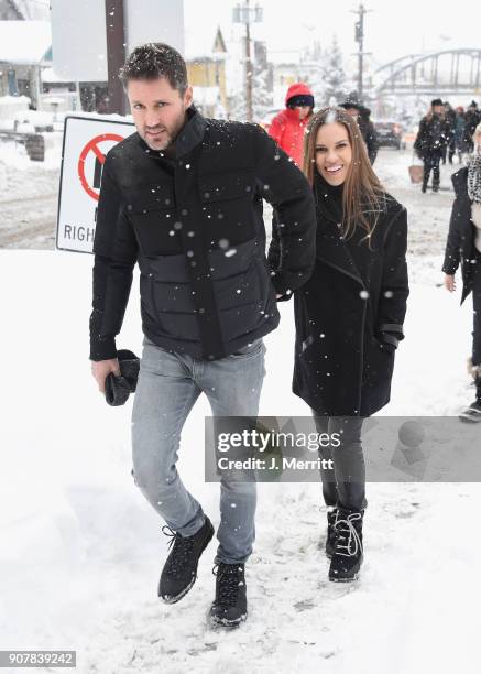 Philip Schneider and Hilary Swank are seen in SOREL Style Around Park City - Day 2 on January 20, 2018 in Park City, Utah.