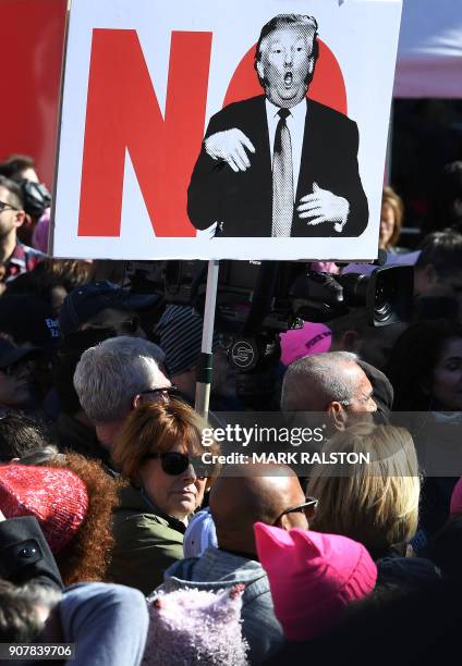 Protesters, part of a 500,000 strong crowd, attend the Women's Rally on the one-year anniversary of the first Women's March in Los Angeles,...