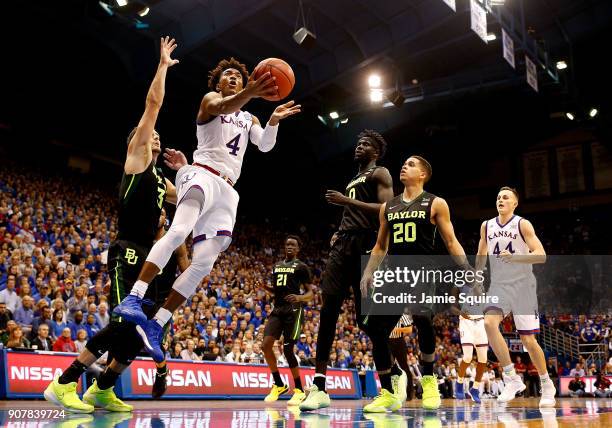 Devonte' Graham of the Kansas Jayhawks shoots during the game against the Baylor Bears at Allen Fieldhouse on January 20, 2018 in Lawrence, Kansas.