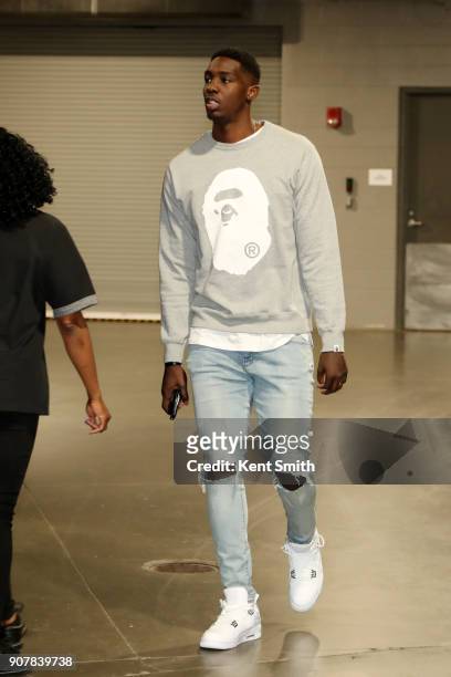 Johnny O'Bryant III of the Charlotte Hornets arrives at the arena prior to the game against the Miami Heat on January 20, 2018 at Spectrum Center in...