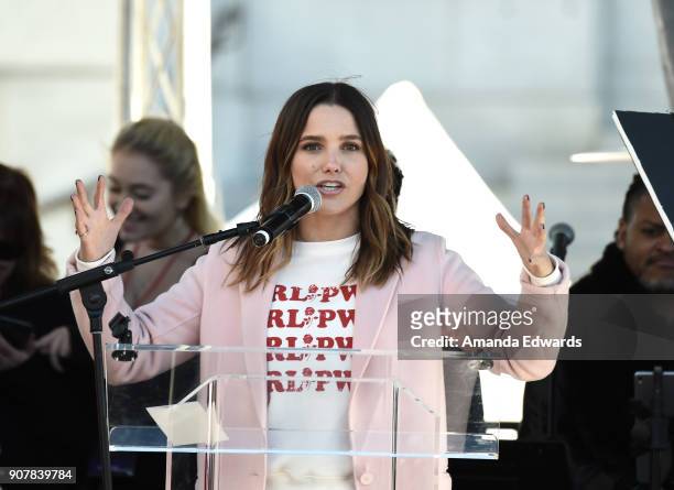 Actor Sophia Bush speaks onstage at 2018 Women's March Los Angeles at Pershing Square on January 20, 2018 in Los Angeles, California.