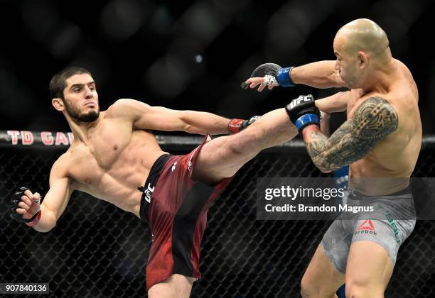 Islam Makhachev of Russia kicks Gleison Tibau of Brazil in their lightweight bout during the UFC 220 event at TD Garden on January 20, 2018 in...