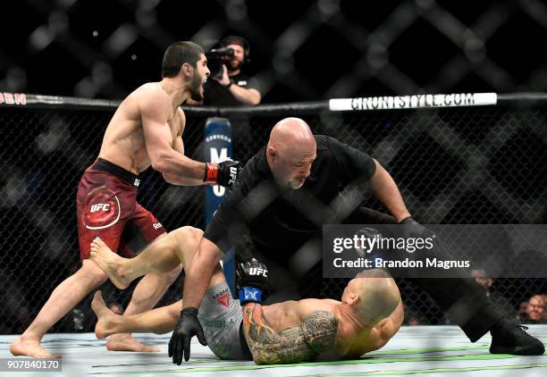Islam Makhachev of Russia celebrates his TKO over Gleison Tibau of Brazil in their lightweight bout during the UFC 220 event at TD Garden on January...
