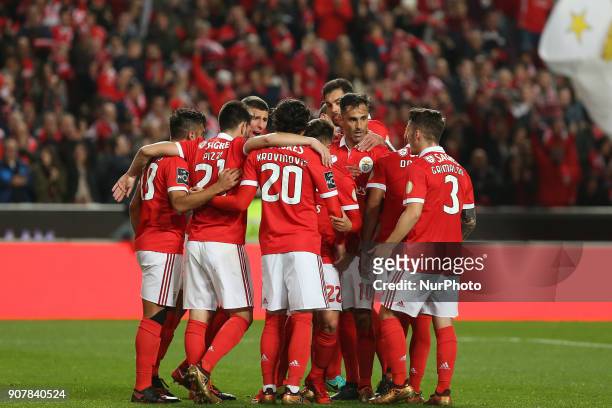 Benficas forward Jonas from Brazil celebrating with is team mate after scoring a goal during the Premier League 2017/18 match between SL Benfica v GD...