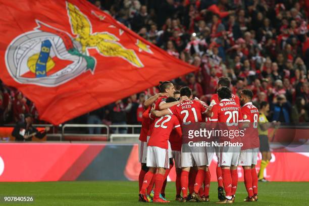 Benficas forward Jonas from Brazil celebrating with is team mate after scoring a goal during the Premier League 2017/18 match between SL Benfica v GD...