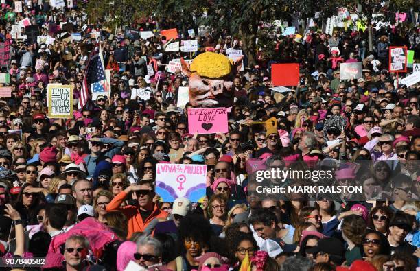 Protesters, part of a 500,000 strong crowd, attend the Women's Rally on the one-year anniversary of the first Women's March in Los Angeles,...