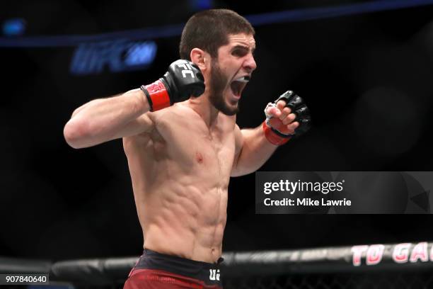 Islam Makhachev celebrates his first round knockout against Gleison Tibau in their Lightweight fight during UFC 220 at TD Garden on January 20, 2018...
