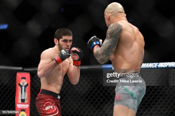 Islam Makhachev fights Gleison Tibau in their Lightweight fight during UFC 220 at TD Garden on January 20, 2018 in Boston, Massachusetts.