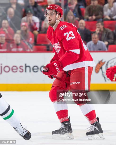 Dominic Turgeon of the Detroit Red Wings follows the play against the Dallas Stars during an NHL game at Little Caesars Arena on January 16, 2017 in...