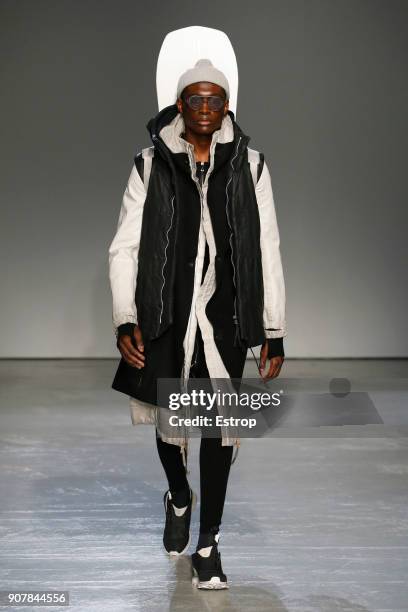 Model walks the runway during the Boris Bidjan Saberi Menswear Fall/Winter 2018-2019 show as part of Paris Fashion Week on January 18, 2018 in Paris,...