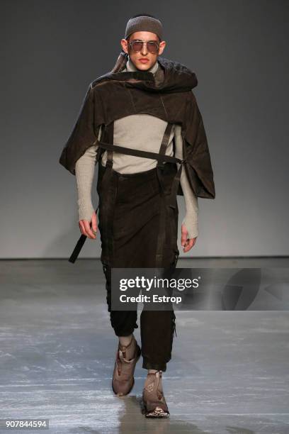 Model walks the runway during the Boris Bidjan Saberi Menswear Fall/Winter 2018-2019 show as part of Paris Fashion Week on January 18, 2018 in Paris,...