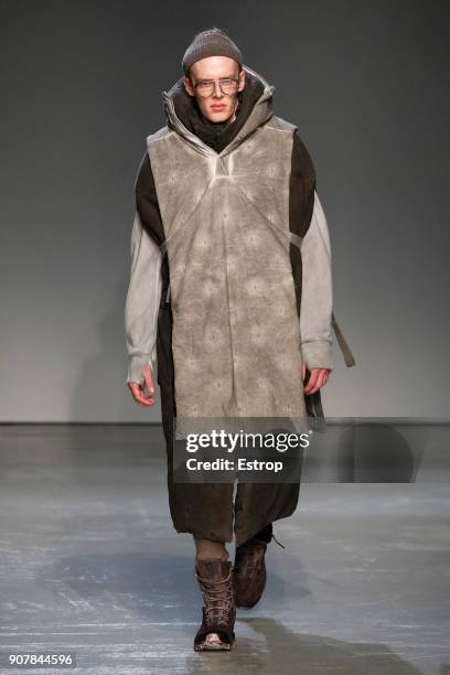 Model walks the runway during the Boris Bidjan Saberi Menswear Fall/Winter 2018-2019 show as part of Paris Fashion Week on January 18, 2018 in Paris,...