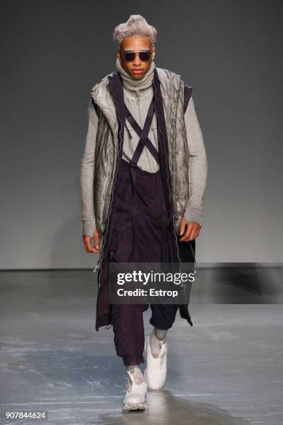 Model walks the runway during the Boris Bidjan Saberi Menswear Fall/Winter 2018-2019 show as part of Paris Fashion Week on January 18, 2018 in Paris,...