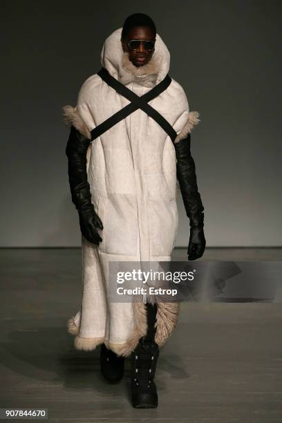 Model walks the runway during the Boris Bidjan Saberi Menswear Fall/Winter 2018-2019 show as part of Paris Fashion Week on January 18, 2018 in Paris,...