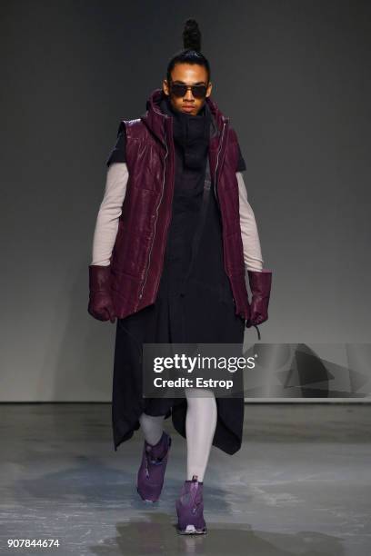 Model walks the runway during the Boris Bidjan Saberi Menswear Fall/Winter 2018-2019 show as part of Paris Fashion Week on January 18, 2018 in Paris,...