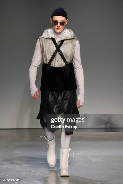 Model walks the runway during the Boris Bidjan Saberi Menswear Fall/Winter 2018-2019 show as part of Paris Fashion Week on January 18, 2018 in Paris,...